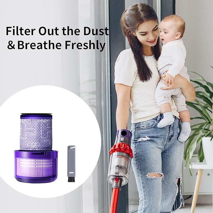 keluke V11 Filter Replacement for Dyson V11 Torque Drive, V11 Animal V11 Complete V11 Extra V15 Detect Submarine Vacuums, Replace Part # 970013-02, 1 Pack Filter and 1 Clean Brush, Purple, LX-V11-1P