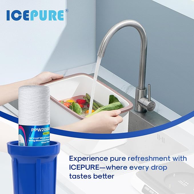 ICEPURE 5 Micron 4.5" x 20" Whole House String Wound Sediment Water Filter Cartridge for Well Water, Replacement for WP5BB20P/WP25BB20P, SDC-45-2005, SP-WP5-20BB, SWC-45-2005, 4PACK