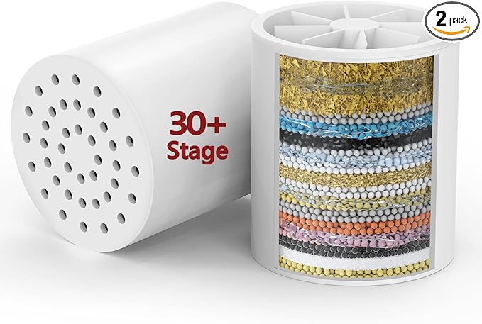 2 Pack 33 Stage Universal Shower Filter Replacement Cartridge - Hard Water Purifier Removes Chlorine, Heavy Metals, Iron, Sediments - High Output Water Softener for Skin & Hair