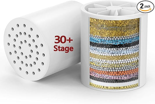 2 Pack 33 Stage Universal Shower Filter Replacement Cartridge V+C+E- Hard Water Purifier Removes Chlorine, Heavy Metals, Iron, Sediments - High Output Water Softener for Skin & Hair