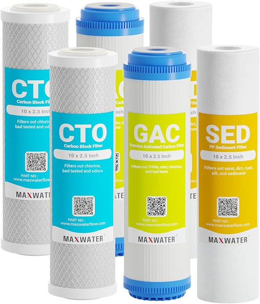 Max Water 5 Micron Replacement 10 x 2.5 inch Filter Cartridge Set For Standard RO Reverse Osmosis Water Filter Systems - PP Sediment, GAC & CTO Compatible with GAC-10, AP110, WHKF-GD05, WHKF-WHWC