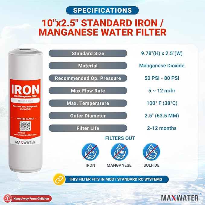Max Water Whole Iron Manganese Replacement Set - Heavy Duty, for Standard Whole House Systems 10" x 2.5" Good for Iron, Manganese Reduction (Pack of 1)