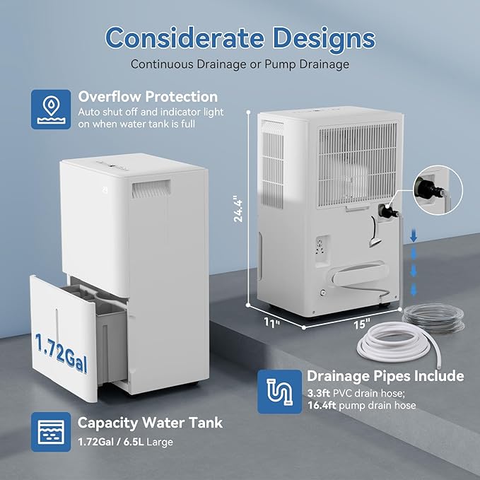 105 Pints Basement Dehumidifier with Pump for Space up to 5000 sq.ft, Large Dehumidifiers with Drain Hose, 1.7 Gal Water Tank, Intelligent Humidity Control, Auto Shutoff, 24H Timer, for Large Room