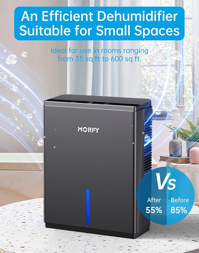 MORFY Dehumidifier, 80 OZ Small Dehumidifier for Bedroom, Bathroom, RV, Closet, Dual-Semiconductor Quiet Dehumidifiers for Home Room with Drain Hose, 7 Colors LED Auto Shut Off