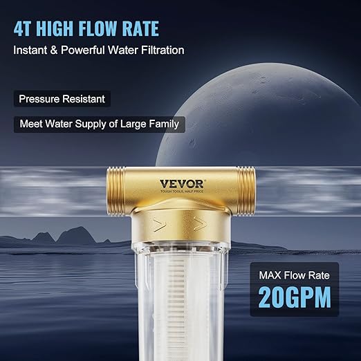 VEVOR 40/300 Micron Sediment Filter, 20GPM Spin Down Water Filter, Reusable Upgrade Flushable Pre-Filtration, Whole House Sediment Filter for Well/City Water, Brass Head, 3/4" FNPT + 1" MNPT