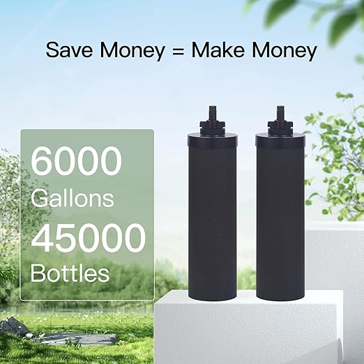 Gravity-Fed Water Filter System, 2.25G Glass Countertop System with 2 Black Purification Filter, Metal Spigot and Stand, NSF/ANSI 42 Certification, Reduces up to 99% of Chlorine