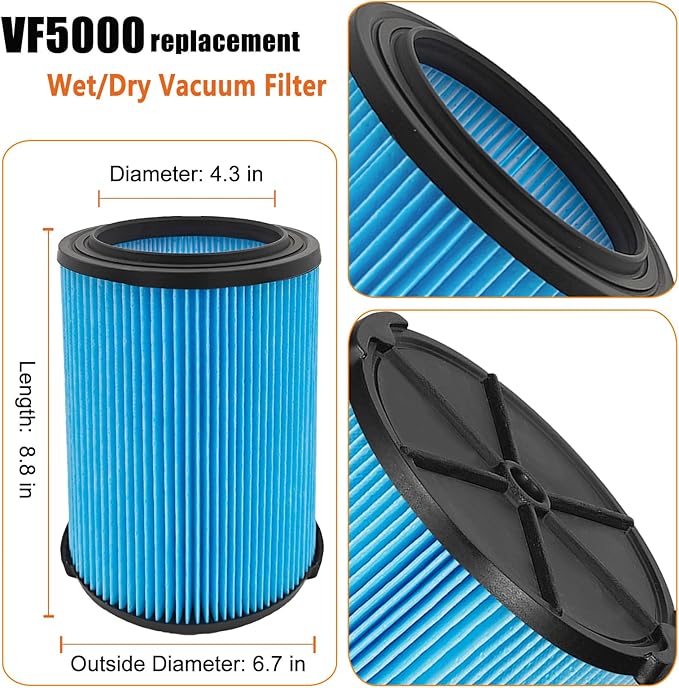 VF5000 Replacement Filter for Ridgid Shop Vacuums 5-20 Gallon, Universal Fine Dust Filter Fits Rigid Wet Dry Vac/Husky Shop Vacuum Filter 6-9 Gallon with Foam Sleeves- 1 Pack