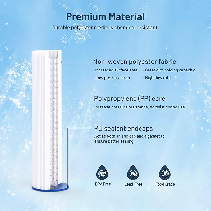 Whole House 5 Micron 10" x 2.5" Pleated Sediment Well Water Filter Cartridge Replacement for ECP5-10, SPC-25-1005, W5CP, FM-5-975, WPC5-975, PWPL10M5, 801-5, SPF-25-1005, PS-27097-05 (Pack of 6)