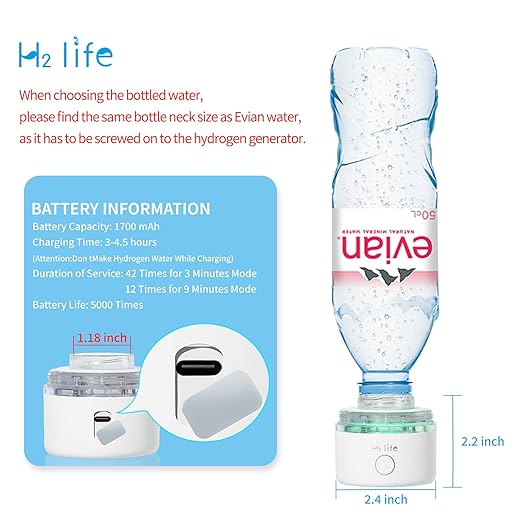Portable Hydrogen Water Bottle Generator 3200PPB Rechargeable with PEM SPE Technology for Home Travel Sport Drinking Improve Health (White)