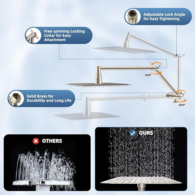 iFealClear Metal Rain Shower Head, 10” High Pressure Rainfall Shower Head with Handheld Spray Combo, 10-Spray Handheld Built-in Power Wash, 16" Shower Extension Arm, 3-Way Diverter, Brushed Nickel