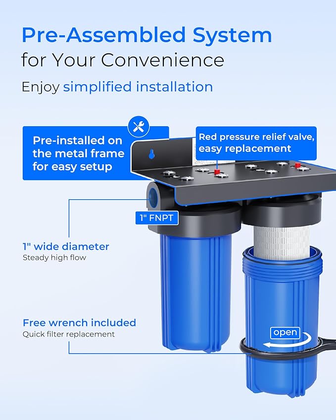 Waterdrop 2 Stage Whole House Water Filter System, with Carbon and Sediment Filter, Highly Reduce Lead, Chlorine, Heavy Metals, PFA, Taste, 5-Stage Filtration, WD-WHF21-PBL, 1" Inlet/Outlet