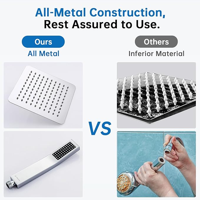 G-Promise All Metal 12 Inches Rainfall Shower Head with Handheld Spray Combo, 3 Settings Diverter, Adjustable Extension Arm with Lock Joints, 71 Inches Stainless Steel Hose (Chrome)