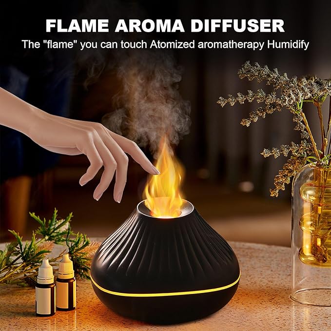 Colorful Volcano Diffuser Humidifier: Ultra-Quiet 160ml Fire Flame Humidifier Aroma Spray Diffusers with 7 Flame Colors Waterless Auto off Timeable for Home,Office,Yoga (Black)