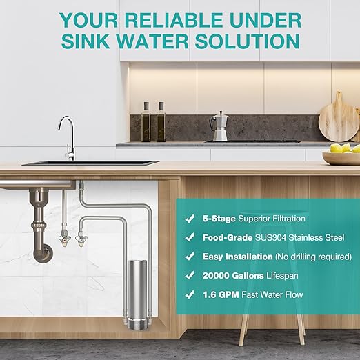 SimPure V7 Under Sink Water Filter, 5-Stage Stainless Steel Water Filtration System Direct Connect to Kitchen Faucet, Reduces 99% Lead, Chlorine, Bad Taste, 20K Gallons (No Drilling Required)