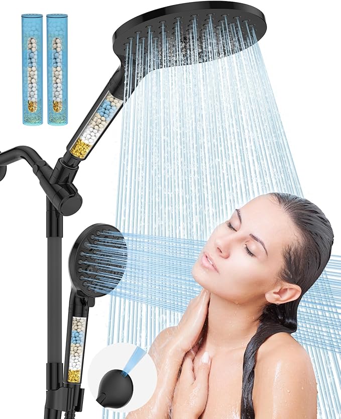 Dual Filtered Handheld Shower Heads Combo, HOPOPRO 15-Mode High Pressure Rainfall Showerheads Combo Set with Filter, for Hard Water, Removes Chlorine, Improves Skin Hair Condition, Matte Black