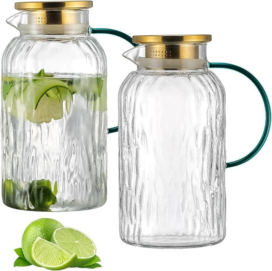 2 PACK Glass Pitcher with Lid and Spout, 68 oz/2 Liter Water Pitcher for Fridge, Clear Borosilicate Glass Water Carafe for Cold Brew, Coffee, Lemonade, Iced SunTea,Milk, Heat Resistant