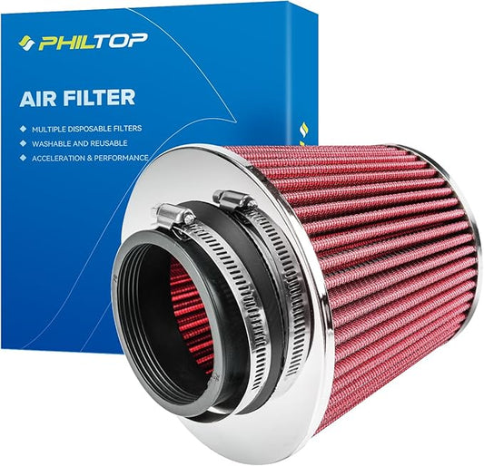 PHILTOP Universal Clamp-On Air Intake Filter, Premium, Washable, Replacement Air Filter: High Flow Air Filter 3" 76 mm Inlet