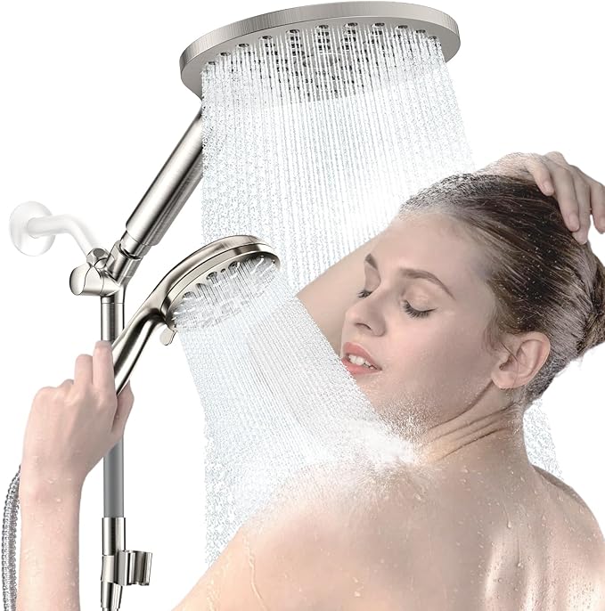 KAIYING Dual Shower Heads with Handheld Spray Combo, High Pressure Modern Rain Shower Head with 9-Mode Handheld Showerhead, Double Rainfall Shower Head with 79-Inch Hose (Brushed Nickel)