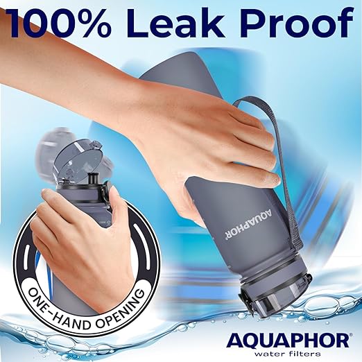 Nakii Filtered Water Bottle, Leakproof, BPA-Free, Motivational Markings, Travel, Everyday Use. 40-Gallon Filter, Replaces 300 Plastic Water Bottles. Includes 1 Filter, 34 FL Oz, Grey by Aquaphor
