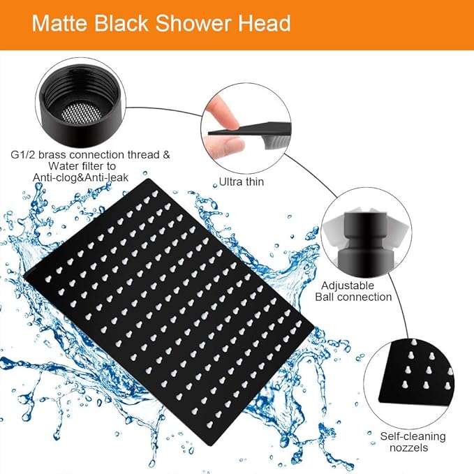 HarJue Shower Head with Extension Arm, High Pressure Square with ShowerArm, Stainless Steel Rainfall -Waterfall Full Body Coverage (12'' Shower with 16'' Arm, Matte Black)