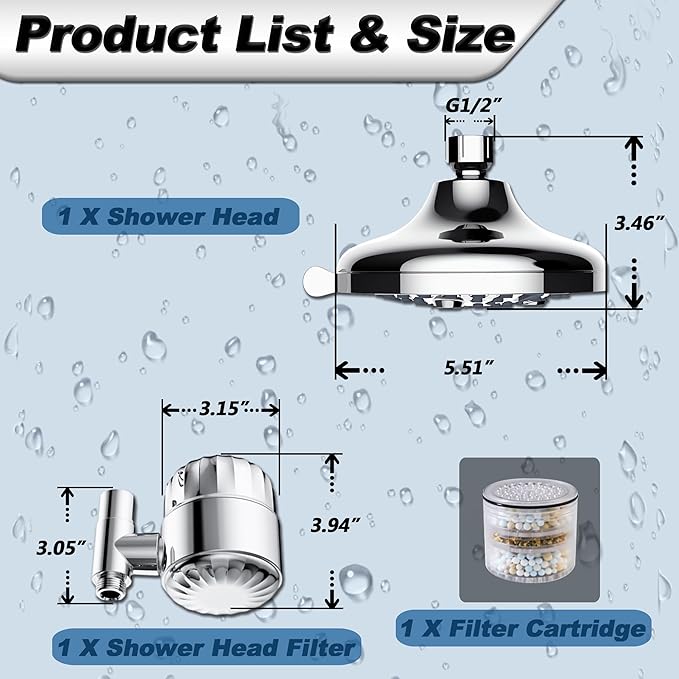 6" Filter Shower Head for Hard Water, 9 Setting Mode Shower Heads with Filters, Round Detachable Shower Head with Filter and Extra Replacement Filters, Chrome