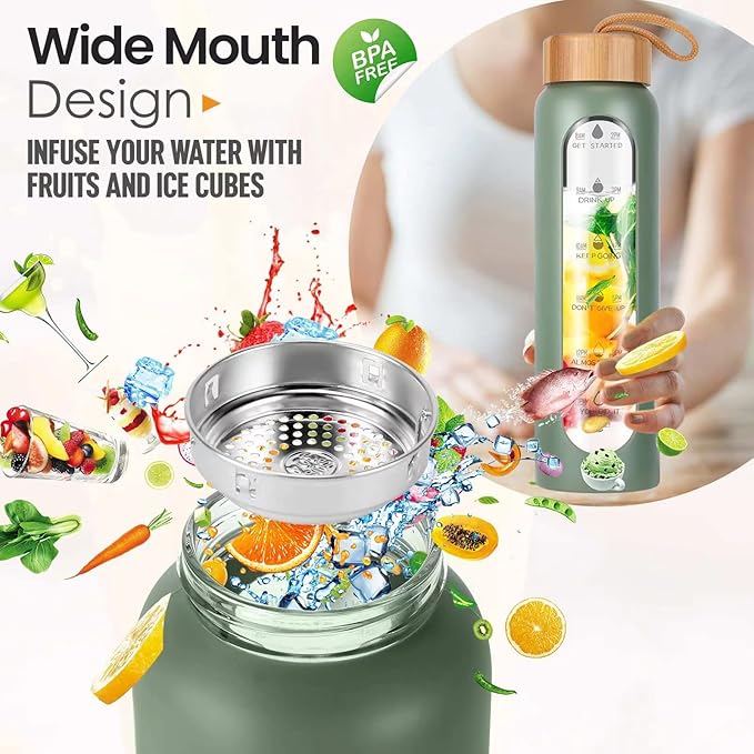 Aqulea Glass Water Bottles 25 Oz with Silicone Sleeve - BPA Free Reusable Wide Mouth Glass Motivational Water Bottles with Fruit Infuser – Leak Proof Borosilicate Water Bottle with Time Marker (Green)