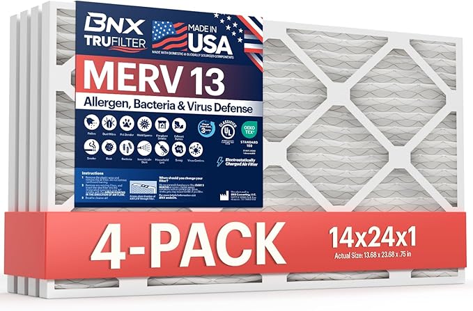 BNX TruFilter 14x24x1 Air Filter MERV 13 (4-Pack) - MADE IN USA - Electrostatic Pleated Air Conditioner HVAC AC Furnace Filters for Allergies, Pollen, Mold, Bacteria, Smoke, Allergen, MPR 1900 FPR 10