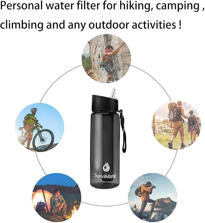 SurviMate Purified Water Bottle for Camping, Hiking, Backpacking and Travel, BPA Free with 5-Stage Intergrated Filter Straw