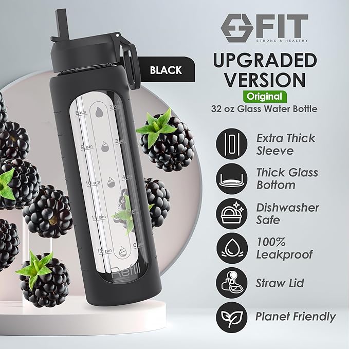 FIT Strong & Healthy 32 oz Glass Water Bottle with Straw Lid, Time Marker, Sleeve & Extra Lid - Motivational, Wide Mouth 1 Liter Glass Drinking Bottle