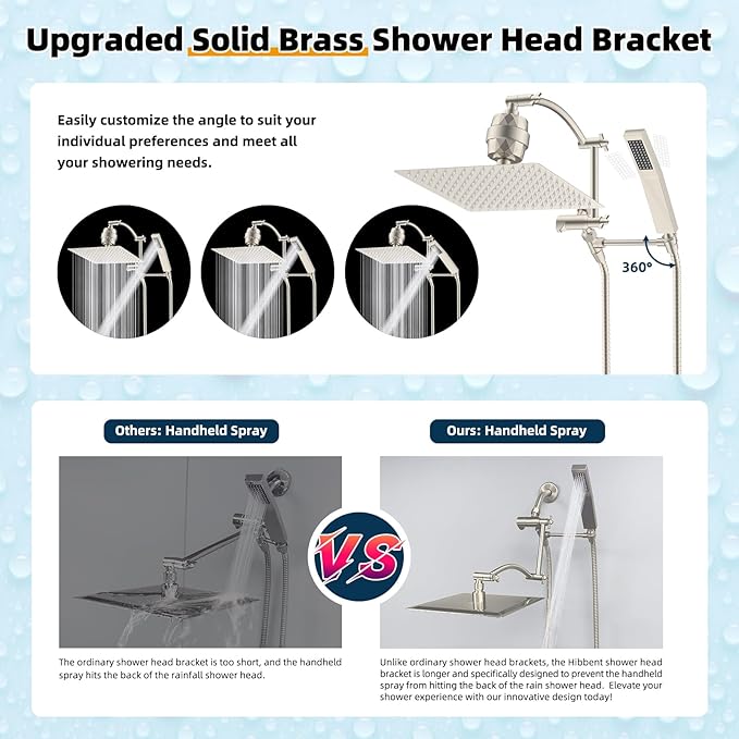 Hibbent Metal 12'' Filtered Rainfall Shower Head with Handheld Combo, High Pressure Shower Wand, 16'' Adjustable Arc Extension Arm, 20 Stage Shower Filter, 71'' Hose,Shower Holder, Brushed Nickel