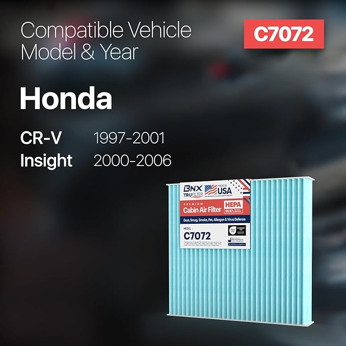 BNX TruFilter C7072 Cabin Air Filter, HEPA 99.97%, MADE IN USA, Compatible With Honda CR-V (1997-2001) and Honda Insight (2000-2006)