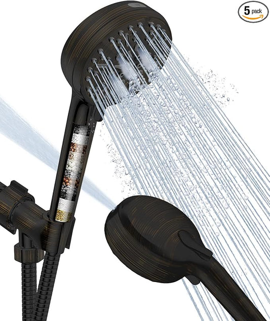Filtered Shower Head with Handheld Oil Rubbed Bronze, BOWGER 6 Modes High Pressure Shower Heads with Power Wash and Hard Water Filter, Detachable Hand Held Showerhead Set with Extra Long Hose, ORB