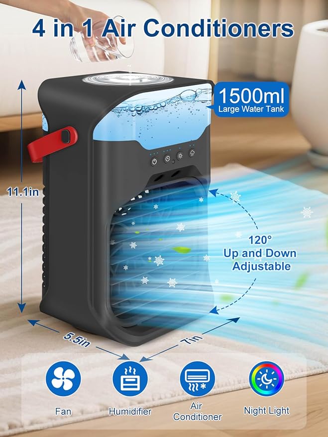 Portable Air Conditioner, 1500ML, Removable & Washable Fan Blades, Timer Function, 4 Speeds, 2 Cool Mists, 7-Color Light, Personal Evaporative Air Cooler for Home, Office, Bedroom, and Camping-Black