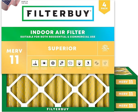 Filterbuy 25x25x2 Air Filter MERV 11 (MPR 1200) Allergen Defense Replacement (4-Pack), Electrostatic Pleated HVAC AC Furnace Filters, Made in USA (Actual Size: 24.50 x 24.50 x 1.75)
