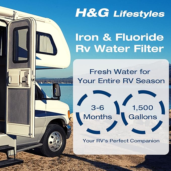 H&G lifestyles Iron RV Water Filter Camping, RV Inline Water Filter for RV Hose, Reduce Iron Fluoride Manganese Improve Water Taste for Drinking Water, 3/4" GHT, Ideal for Campers, Marine, Boats