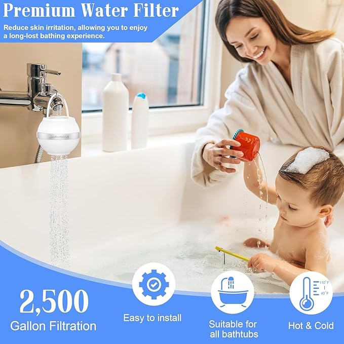 Bath Filter for Tub Faucet - 2500 Gallons of Filtration Reduces Contaminats - Reusable Hanging Bathtub Water Filter - No Installation Needed for Home Use, BPA-Free, White