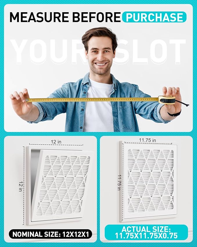 12x12x1 Refillable Air Filter Kit, MERV 8, 1 Reusable Frame ＆ 6 Refills, Fits Most AC HVAC Furnace Devices, Actual Size 11.75x11.75x0.75in