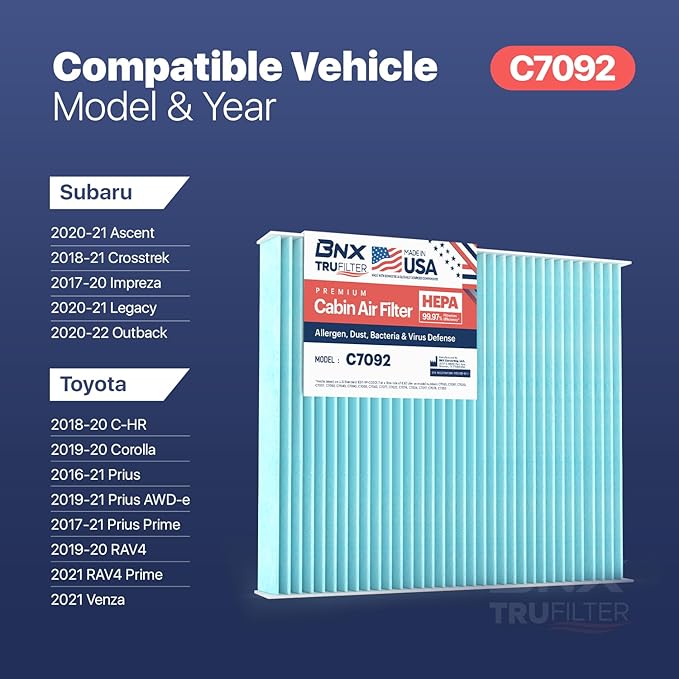 BNX TruFilter Cabin Air Filter, 99.97% HEPA, Compatible with Subaru Crosstrek, Ascent, Impreza, Legacy, Outback, Toyota Prius C-HR, Prius AWD-e, Prius Prime,Corolla, RAV4,RAV4 Prime,Venza C7092 2-Pack