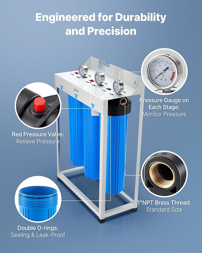 VEVOR Whole House Water Filter System, 3-Stage | Sediment, KDF, CTO | 4.5" x 20" Home Water Purifier Filter Reduce Heavy Metal, Lead, Mercury, Chlorine, Bad Taste, Odor, Rust
