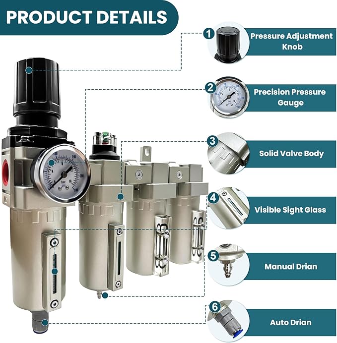 Upgraded 1/2" NPT Heavy Duty Industrial Grade 4 Stage Air Drying System, Particulate Filter, Coalescing Filter, Desiccant Dryer & Air Regulator - for Plasma Cutter, Paint Spray（Auto Drain）