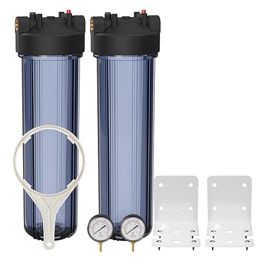 Max Water Whole House 20" x4.5" Purple Clear WH Water Filter Housing 1 inch Inlet/Outlet Ports with Pressure Gauge Wrench and Bracket (2 Housing + 2 Pressure Gauge)