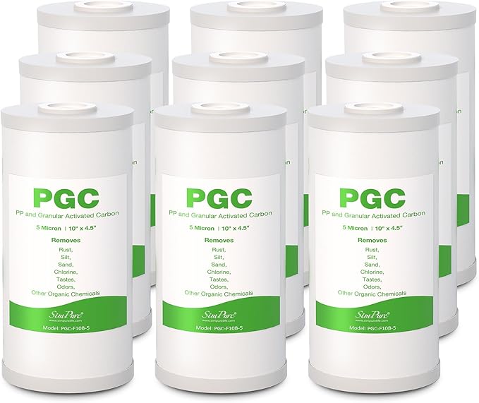 SimPure 5 Micron 10" x 4.5" Whole House Carbon Sediment Water Filter Replacement Cartridge for GE GXWH35F GXWH40L FXHTC, RFC-BBSA, PP10BB-CC (9-Pack)