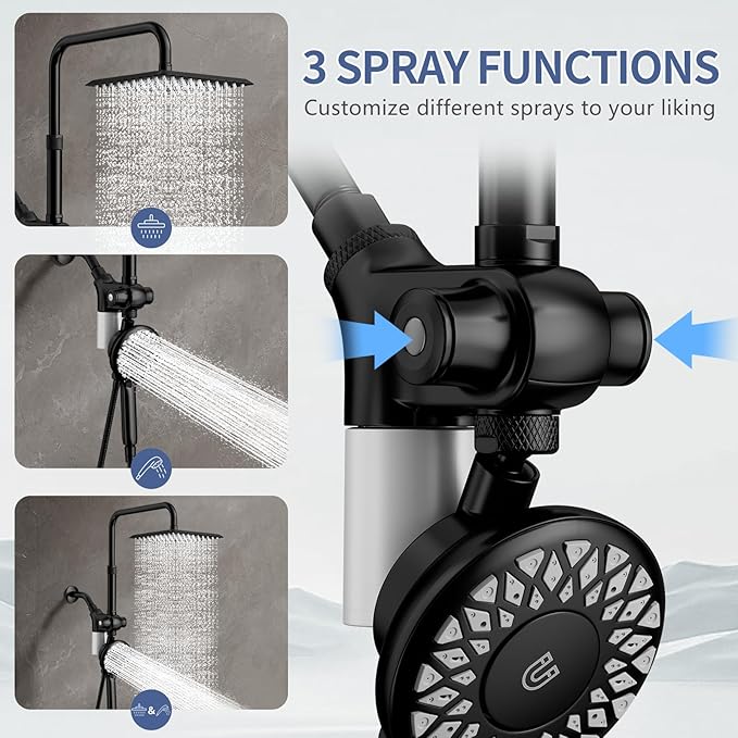 SINGSUO Filtered Rain Shower Head with Handheld Spray Combo, High Pressure Dual Shower Head with Filter for Hard Water, Modern Magnetix Double Shower Head and Handle Set, Adjustable Lift Bar (Black)