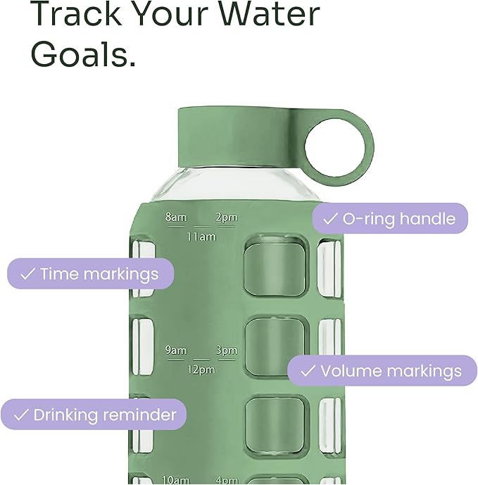 purifyou 40oz / 32oz / 22oz / 12oz Borosilicate Glass Water Bottle with Time & Volume Markers, Silicone Sleeve, Stainless Steel Lid | Reusable Glass Bottle for Water & Juice (22oz Shale Green)