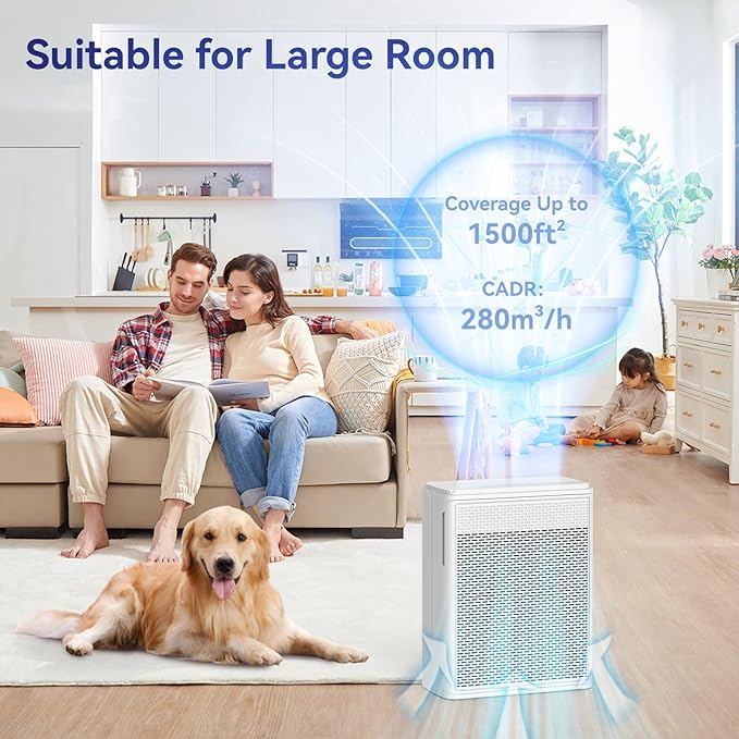 Air Purifiers for Home Pets Covers Up to 1500 Sq Ft,H13 Hepa Filter with Washable Pre-Filter,Pet Hair Dander Smoke Air Cleaner,22 dB Quiet Sleep for Living Room Bedroom Kitchen,P280 (White)