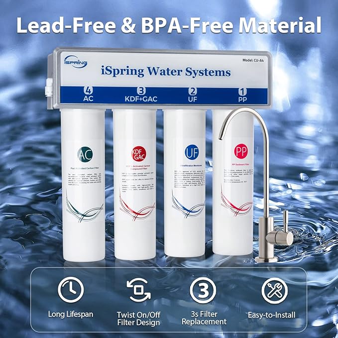 iSpring CU-A4 0.01μm Ultra-Filtration Under Sink Water Filter System, Tankless 4-Stage High Capacity, Remove 99.99% Contaminants, Quick Filter Change with Brushed Nickel Faucet, White