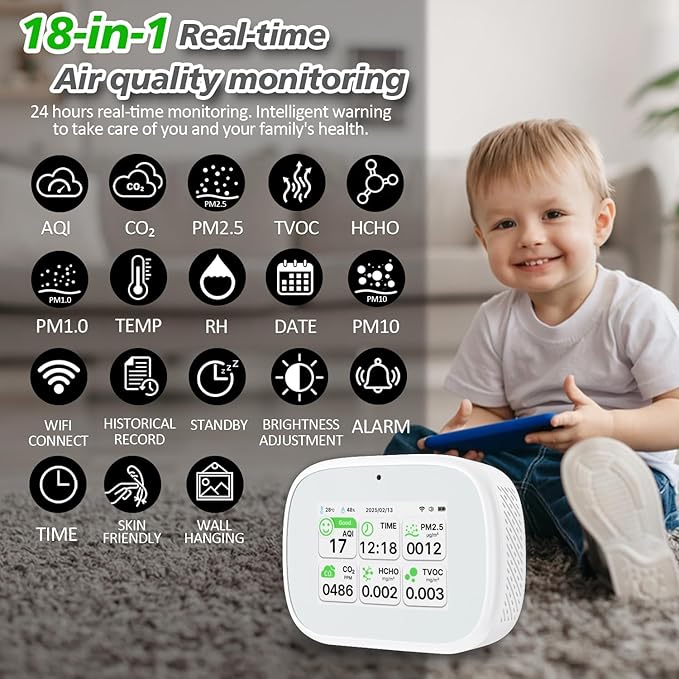 18-in-1 Smart Air Quality Monitor - Indoor WiFi Air Quality Detector with Dual Chip, Real-Time for AQI, CO2, PM2.5, PM1.0, PM10, TVOC, HCHO, Time Display, Temperature & Humidity with APP (White-White)