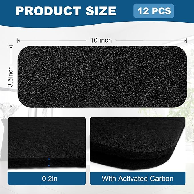 Storystore 12 Pack Ceiling Fan Filters for Blades - 3.5" x 10" Activated Coconut Carbon Filters for Fan, Self-Adhesive Filter Pads, Universal Fit Most Standard Household Fans (Black)