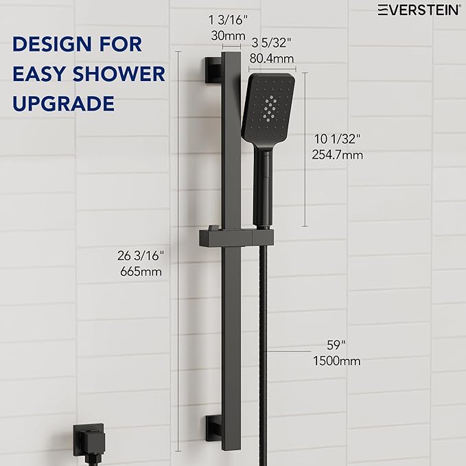 EVESTEIN Adjustable Hand Held Shower with Slide Bar, 3-Function Handshower Head with Hose, Matte Black