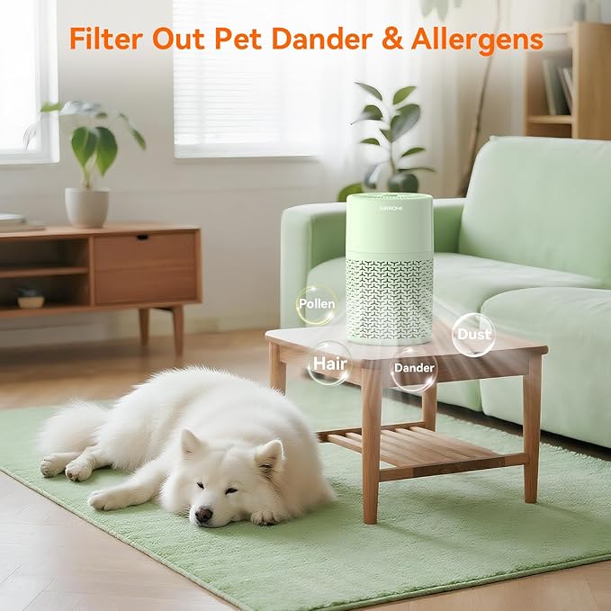 AIRROMI Pets Air Purifier for Home Allergies,Up to 660 ft².Yellow Deodorizing Activated Carbon Filter,With Fragrance Sponge for Better Sleep,Night Light,Pet Dander,Smoke,Odors,Air Cleaner A2002 Green
